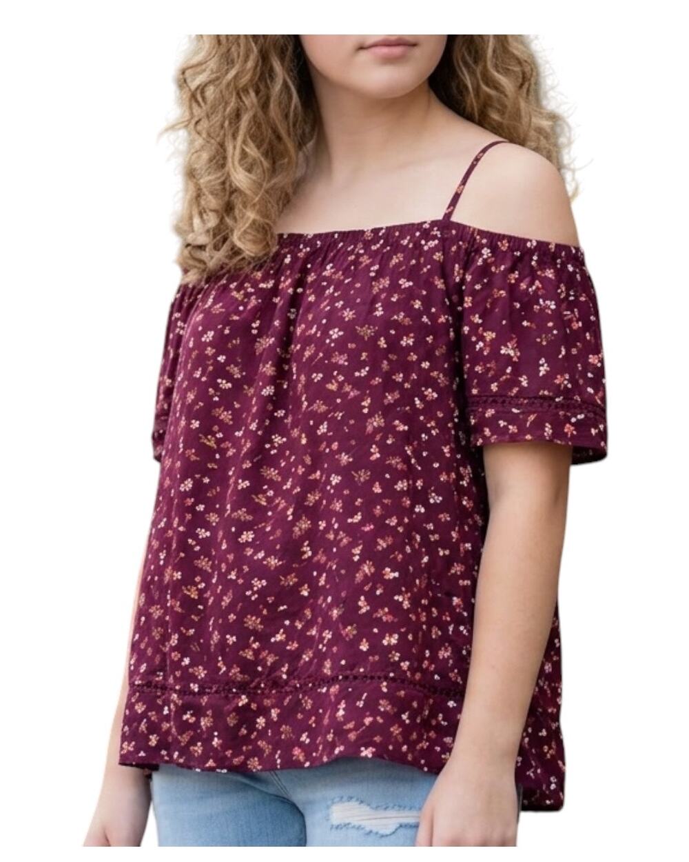 Old Navy Cold-Shoulder / Off-the-Shoulder Blouse Burgundy Floral Short Sleeve SM